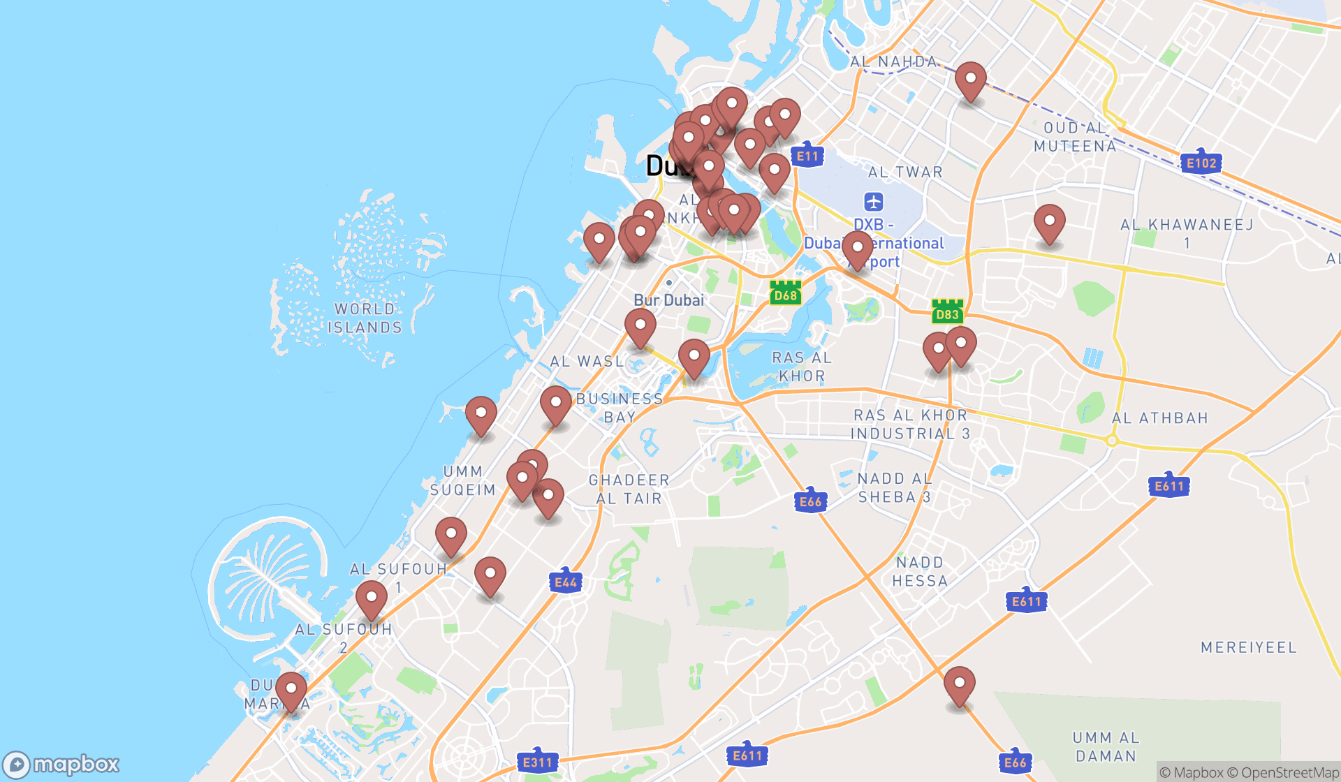 Map showing the search results in Dubai