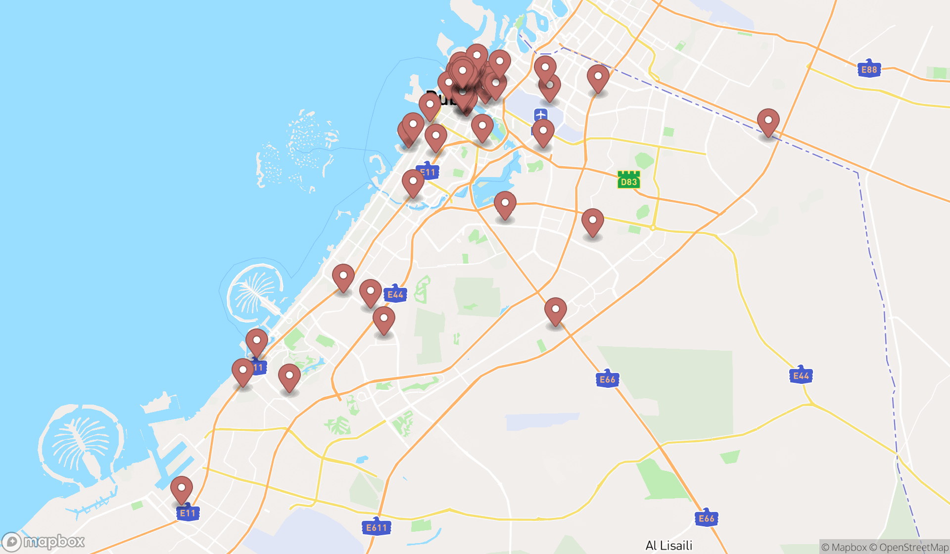 Map showing the search results in Dubai