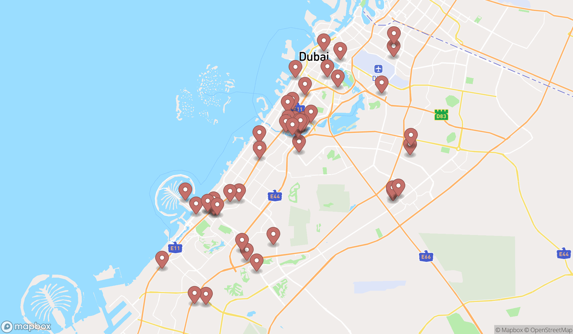 Map showing the search results in Dubai