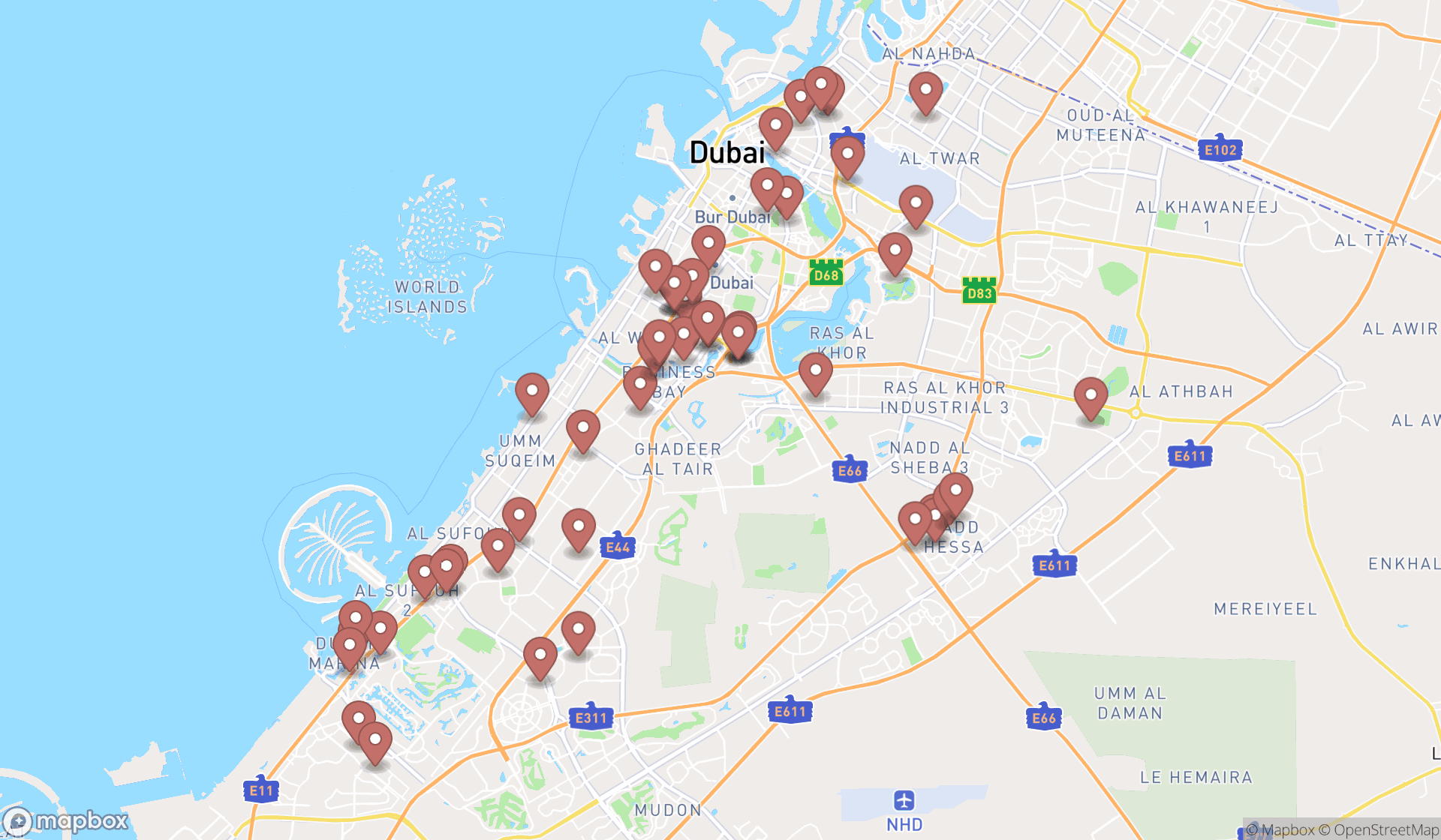 Map showing the search results in Dubai