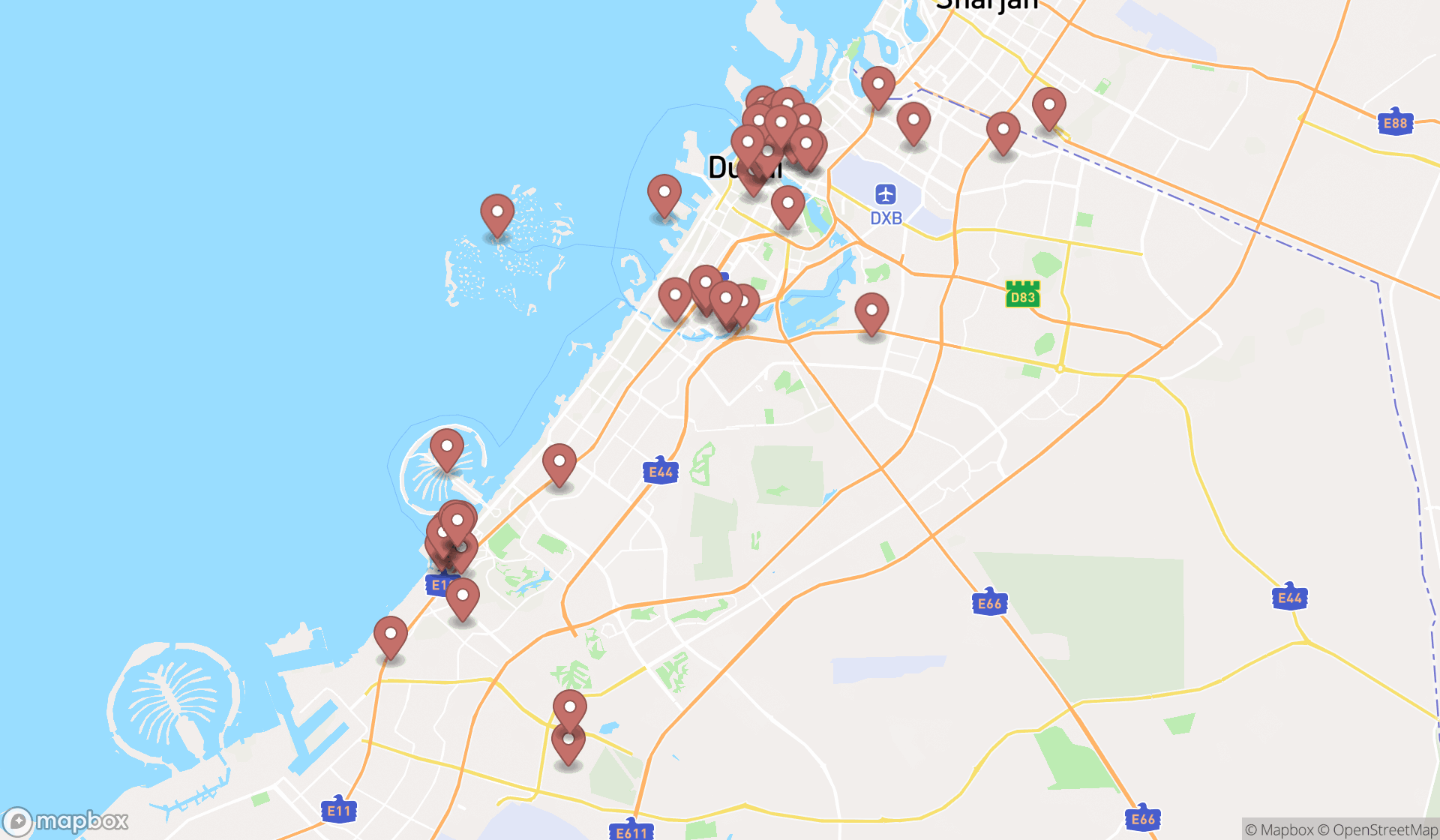 Map showing the search results in Dubai