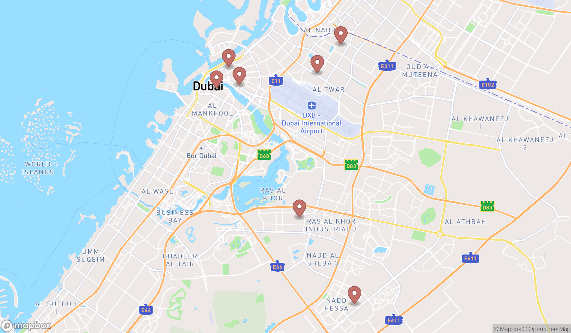 Map showing the search results in Dubai
