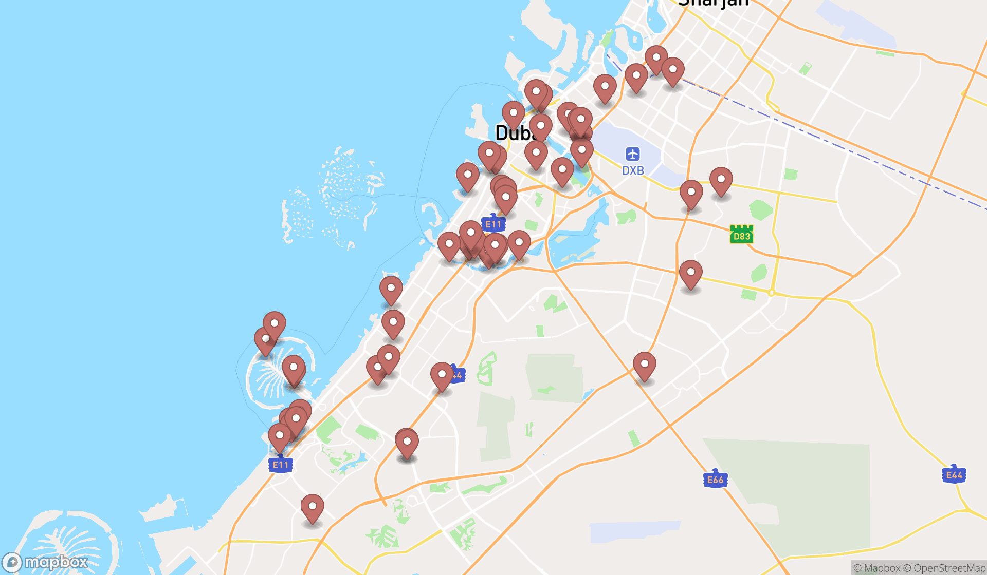 Map showing the search results in Dubai