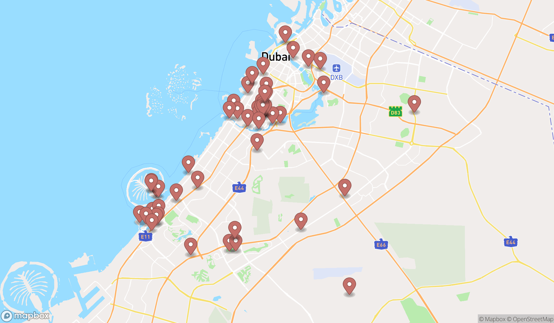 Map showing the search results in Dubai