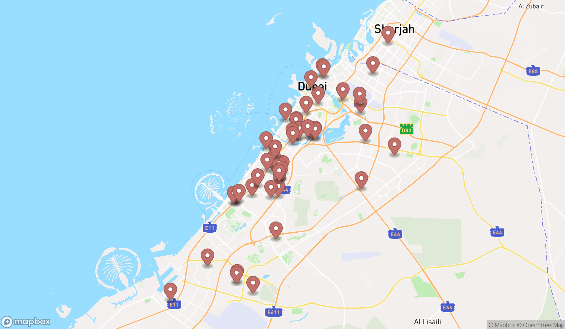 Map showing the search results in Dubai