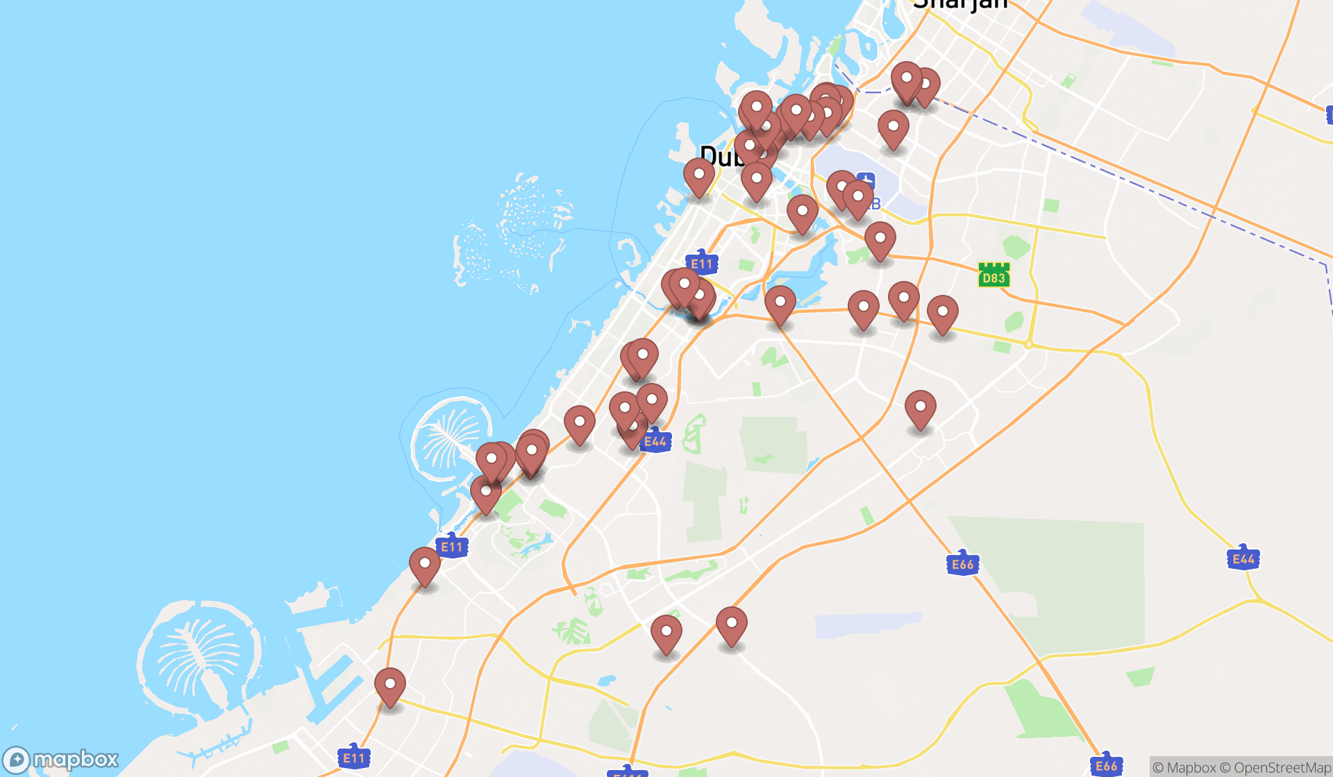 Map showing the search results in Dubai