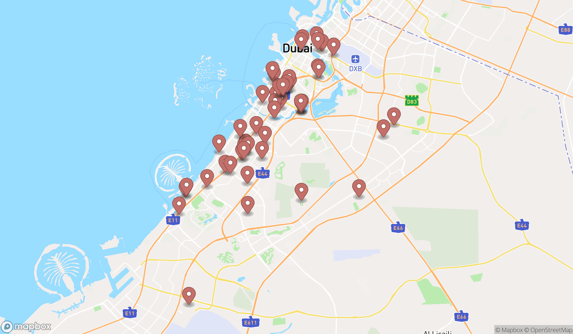 Map showing the search results in Dubai