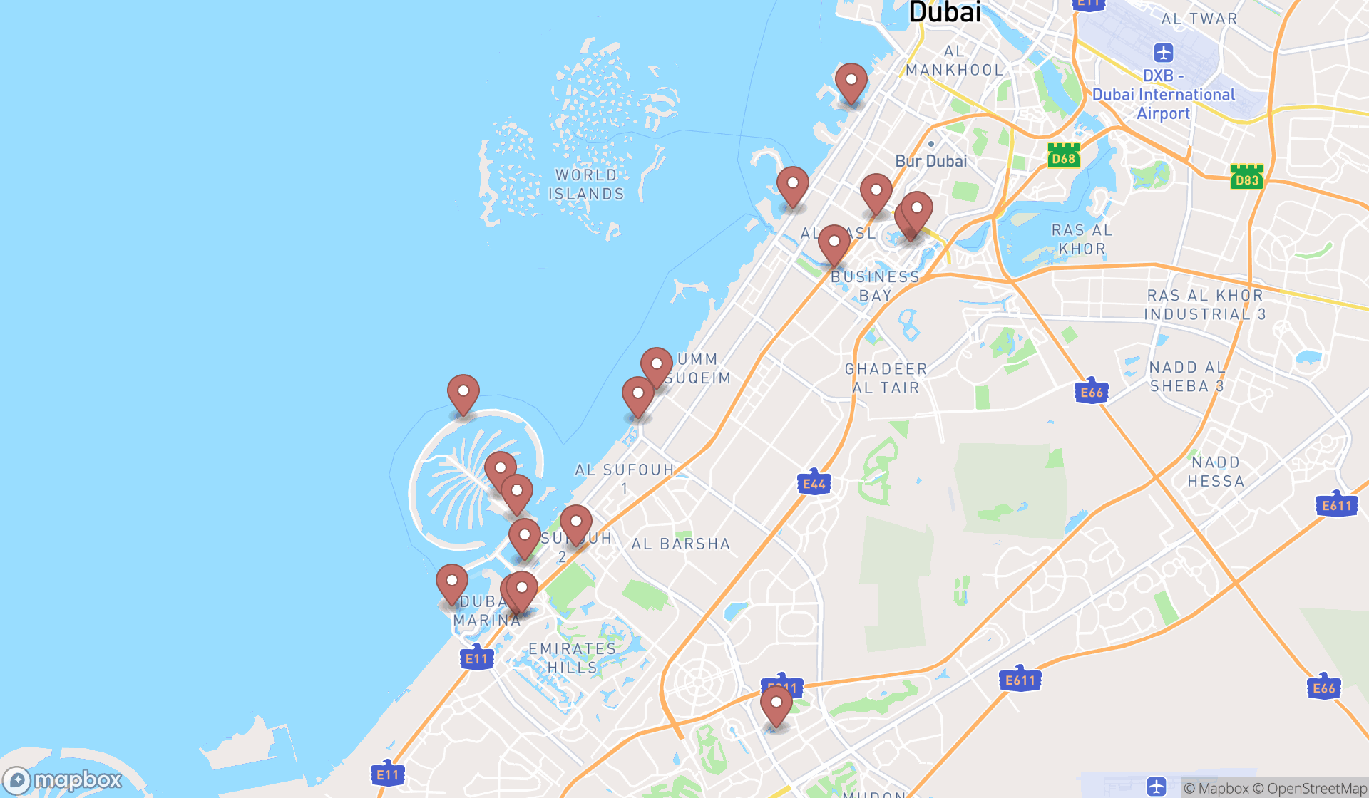 Map showing the search results in Dubai