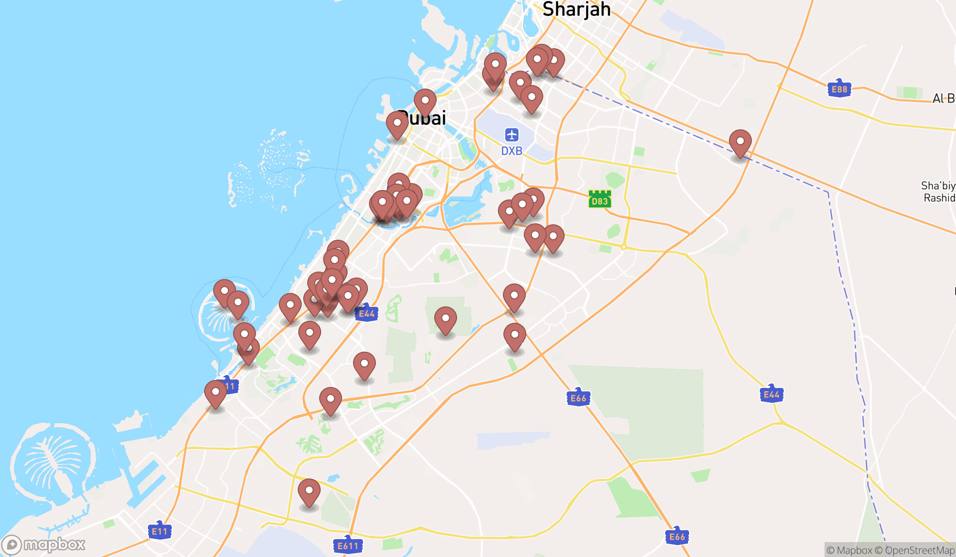 Map showing the search results in Dubai