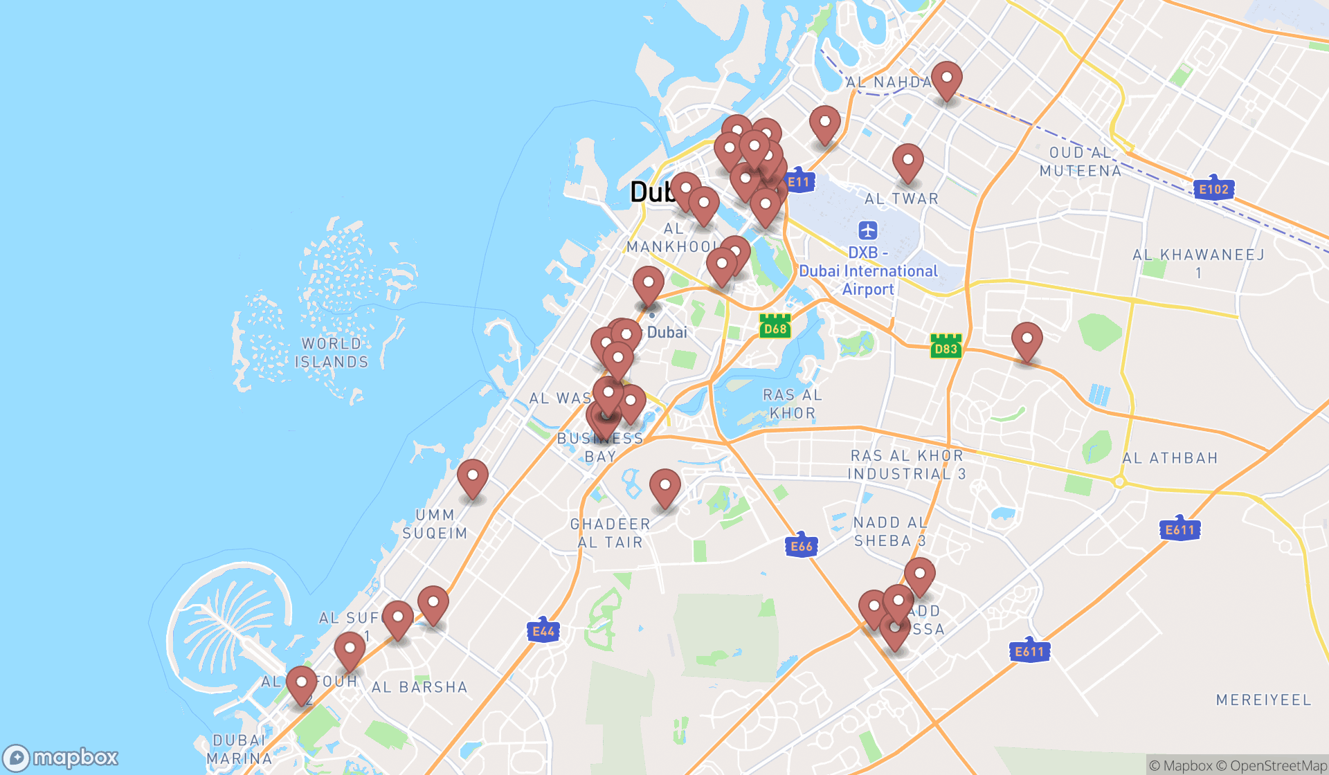 Map showing the search results in Dubai