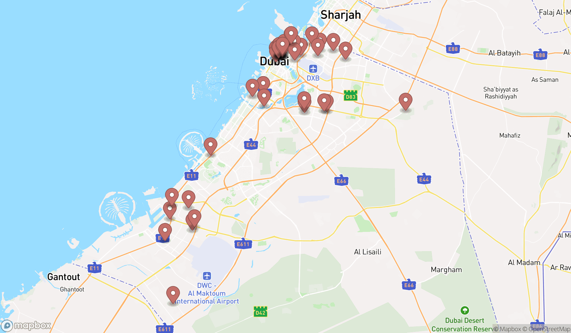 Map showing the search results in Dubai