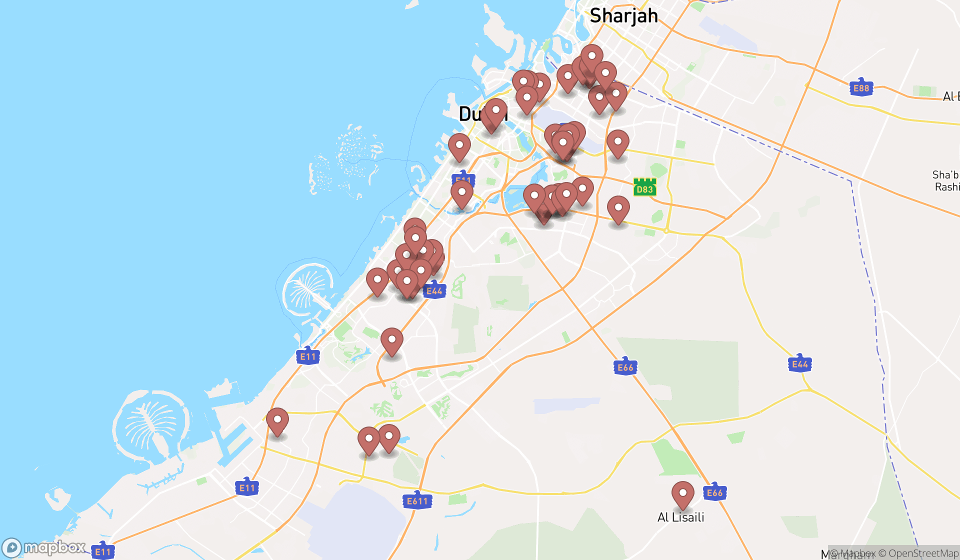 Map showing the search results in Dubai