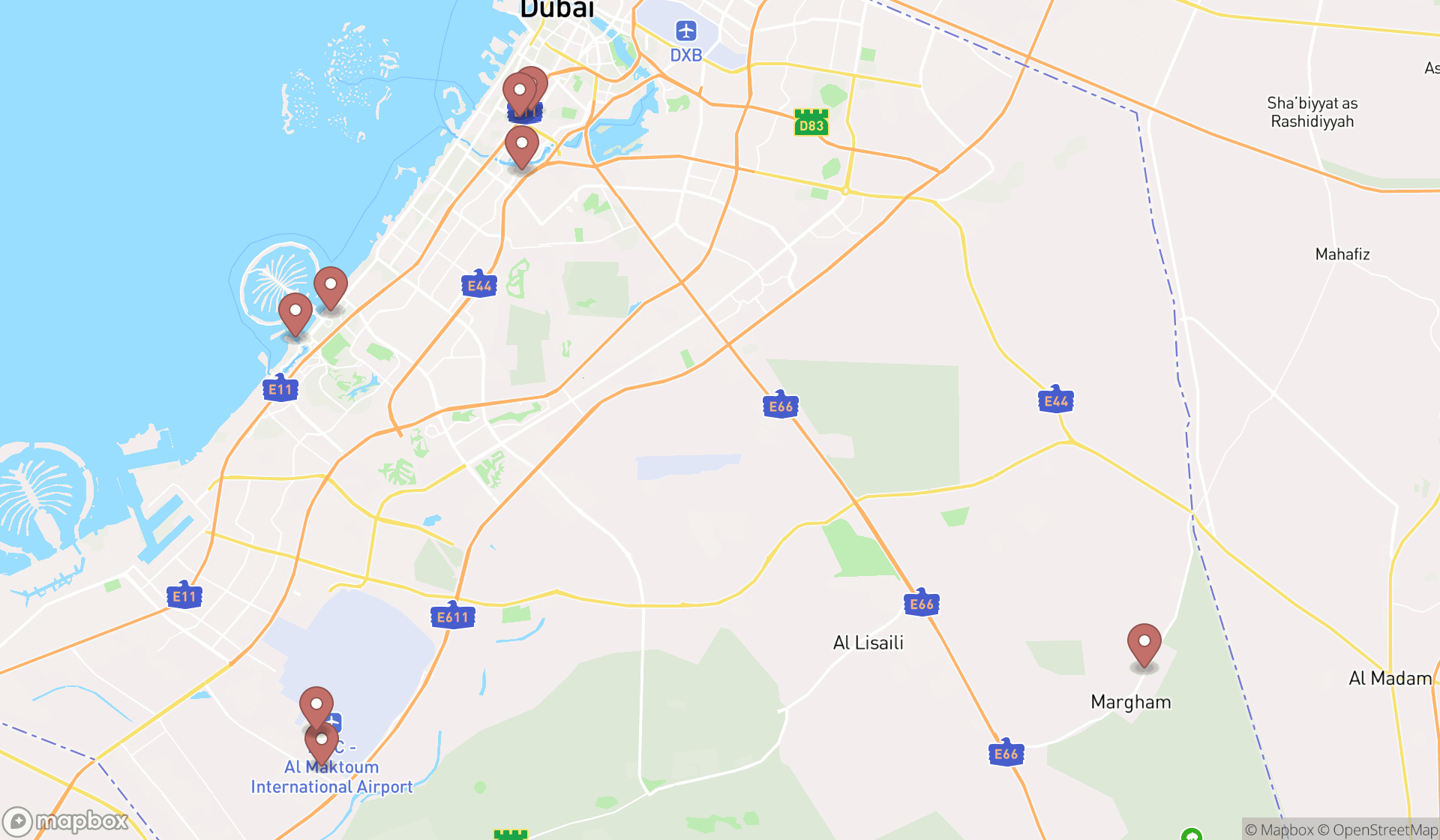 Map showing the search results in Dubai