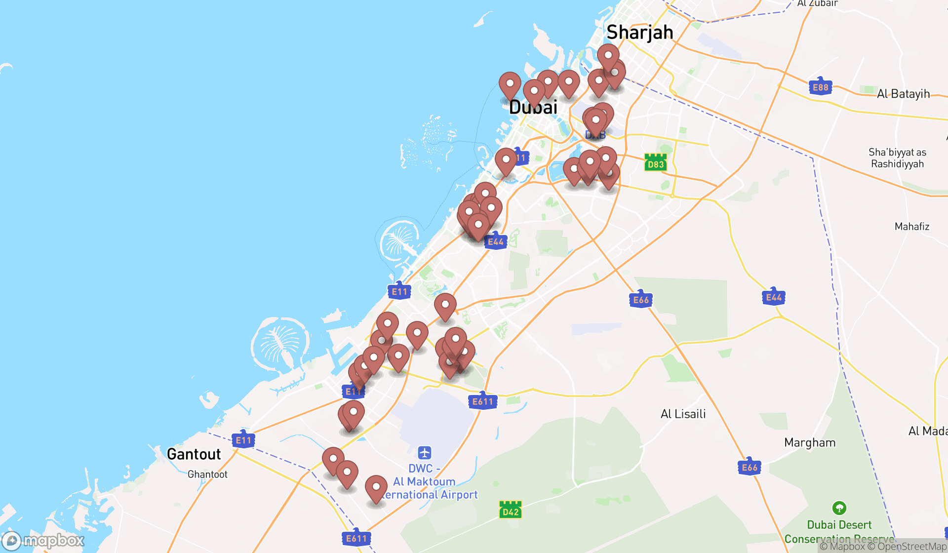 Map showing the search results in Dubai