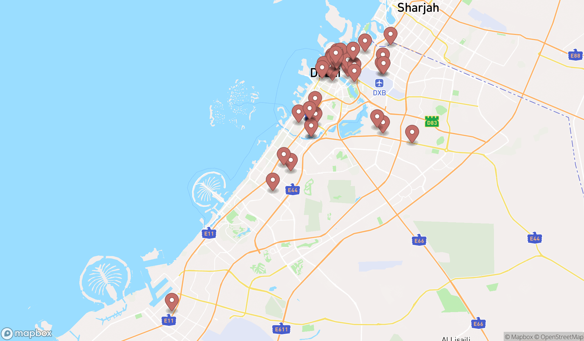 Map showing the search results in Dubai