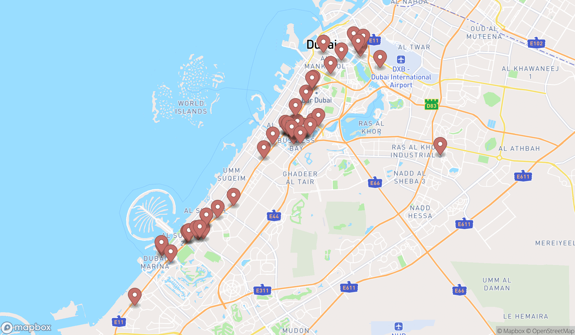 Map showing the search results in Dubai