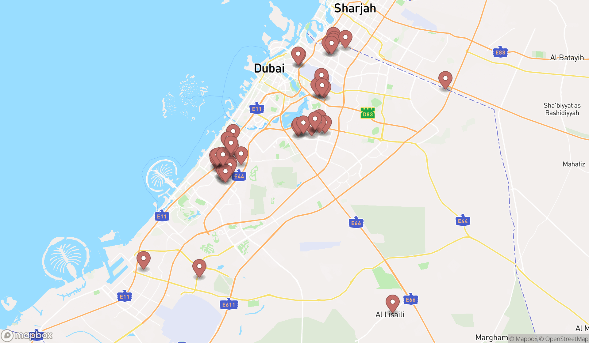Map showing the search results in Dubai