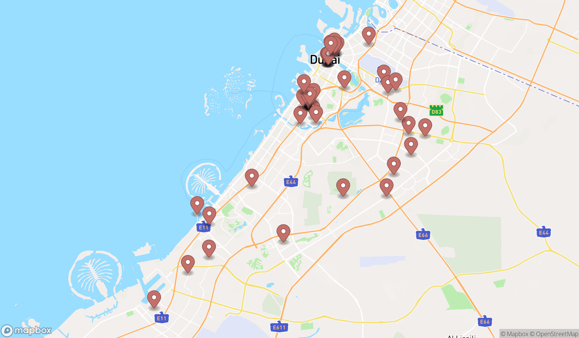 Map showing the search results in Dubai