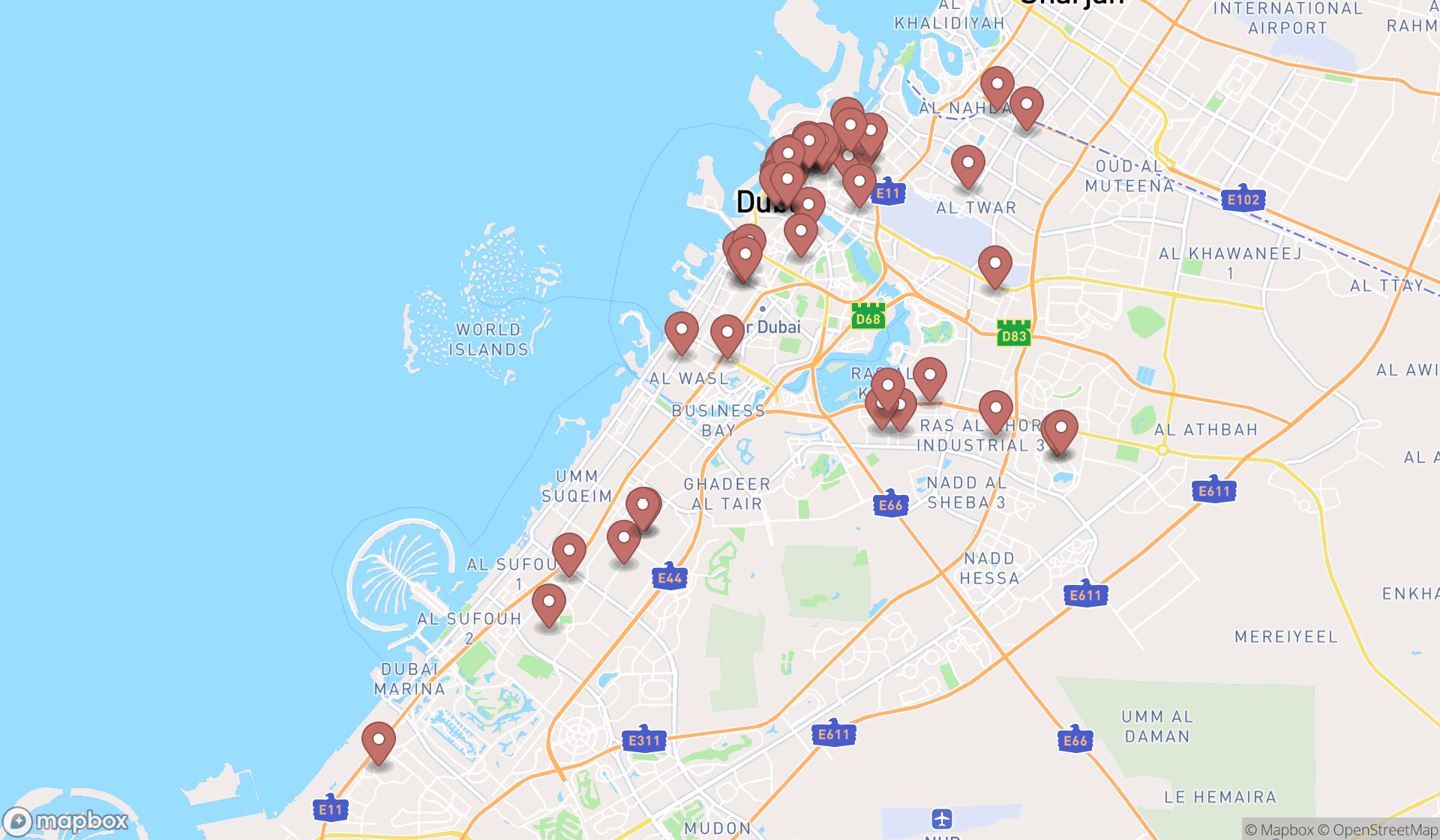 Map showing the search results in Dubai