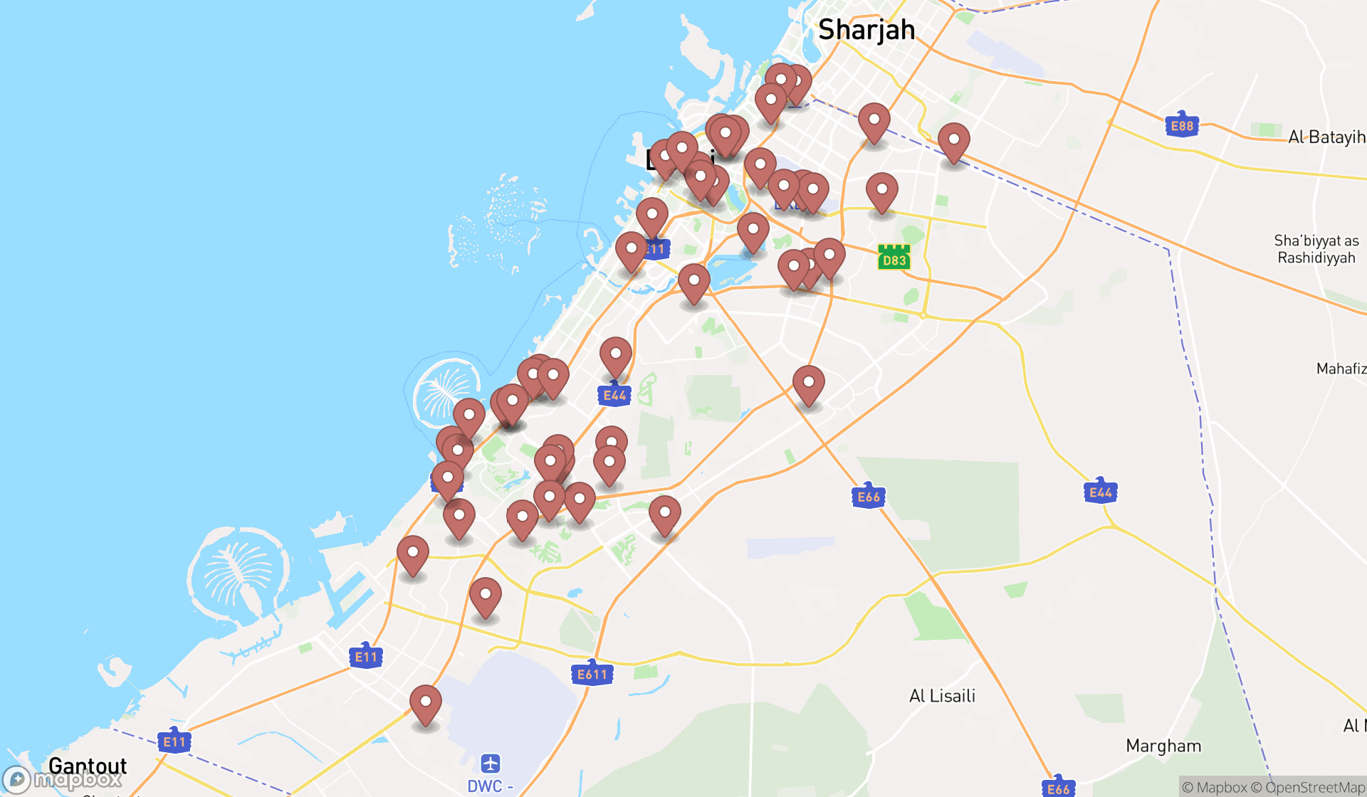 Map showing the search results in Dubai