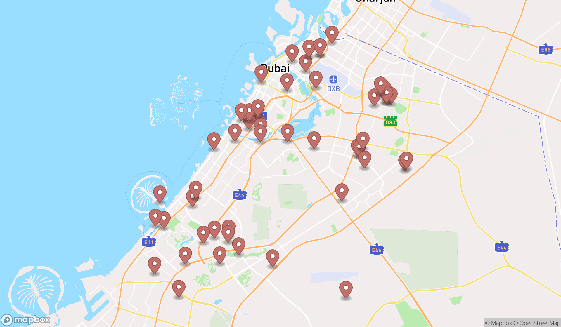 Map showing the search results in Dubai