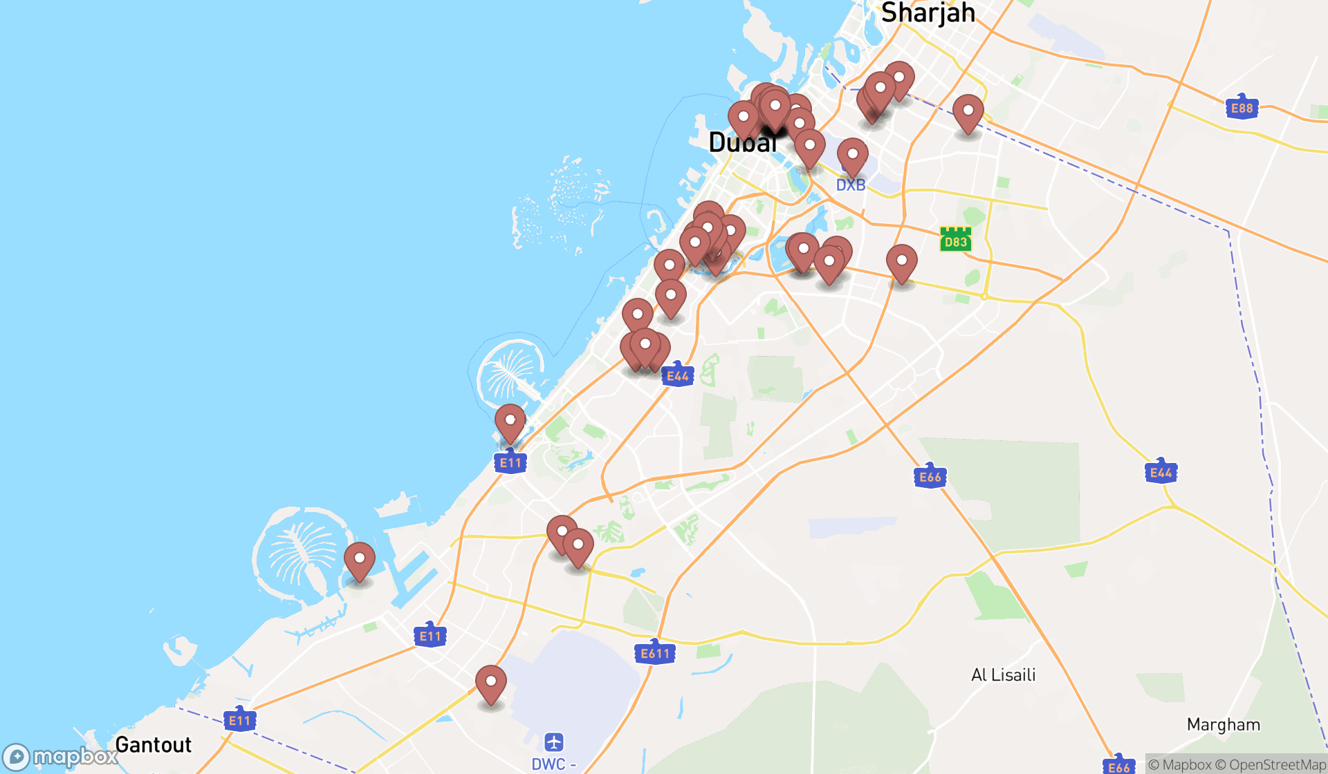 Map showing the search results in Dubai