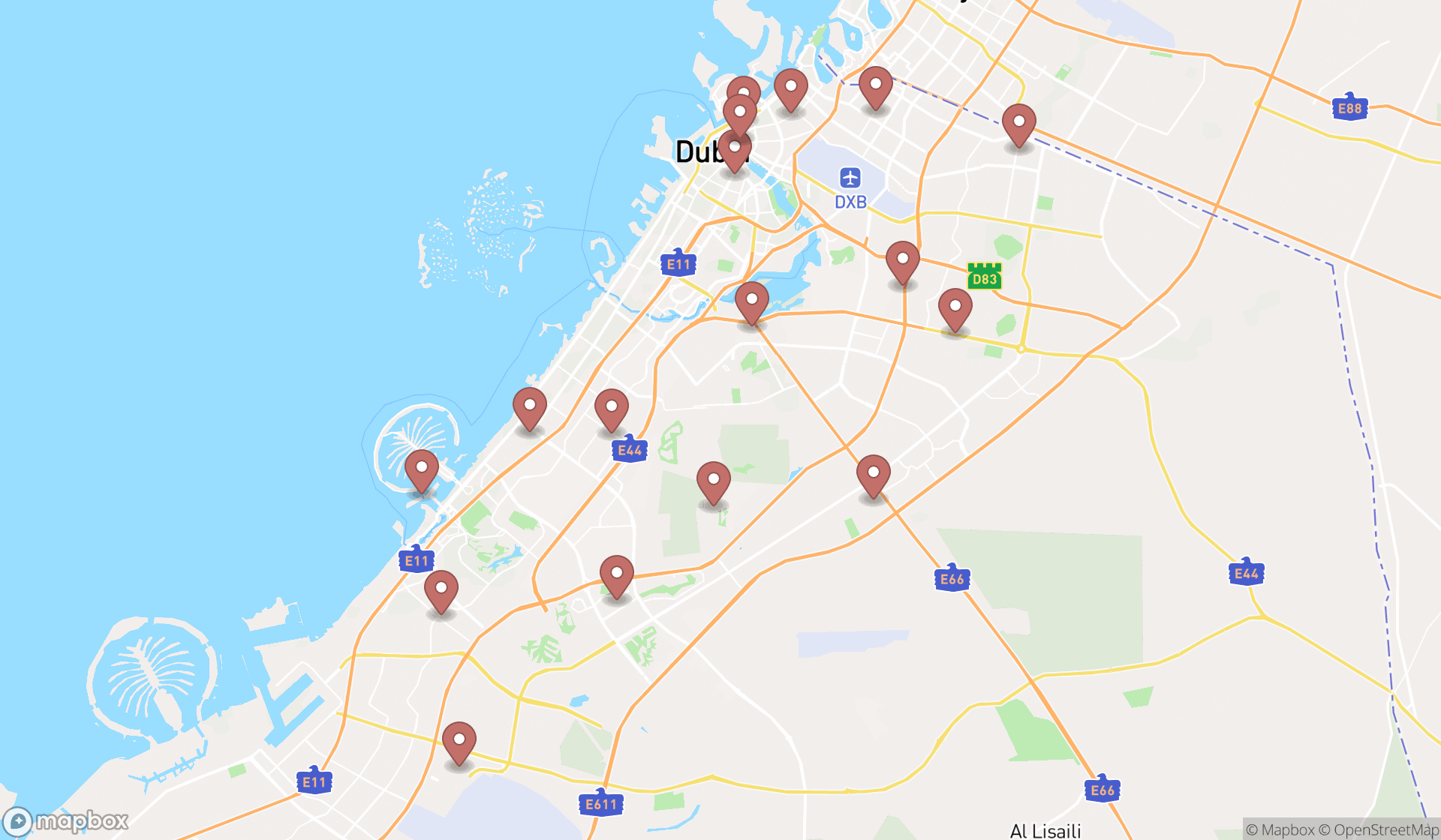 Map showing the search results in Dubai