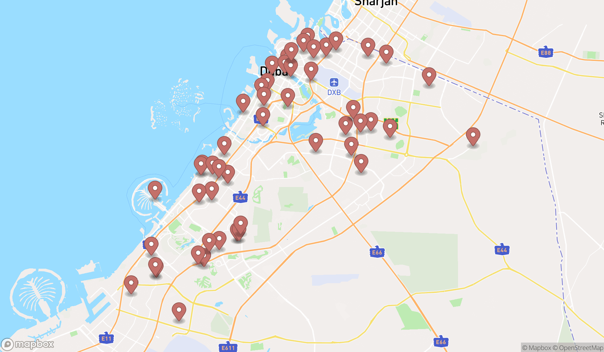 Map showing the search results in Dubai