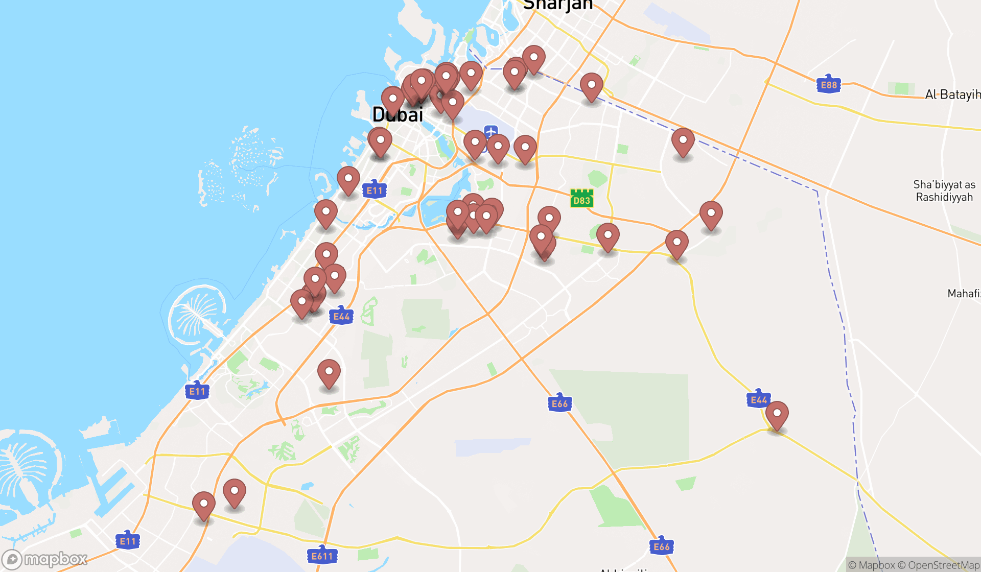 Map showing the search results in Dubai