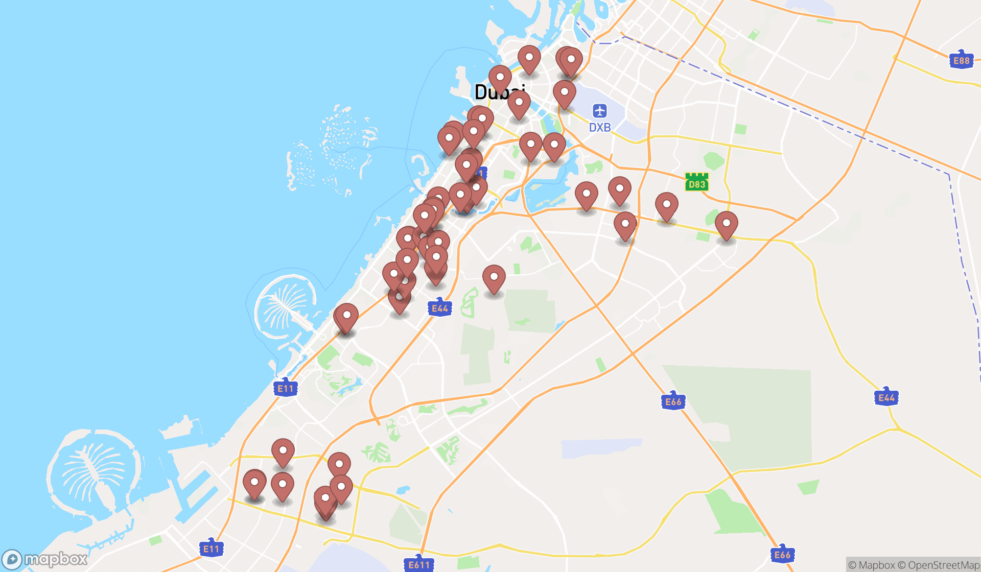 Map showing the search results in Dubai