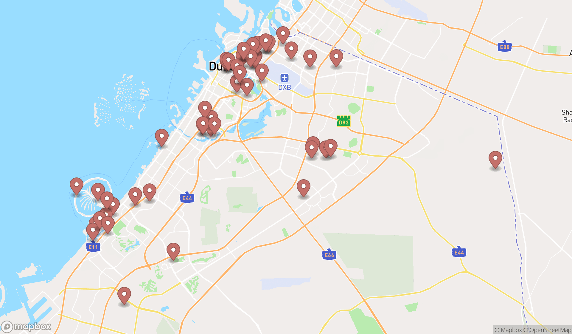 Map showing the search results in Dubai