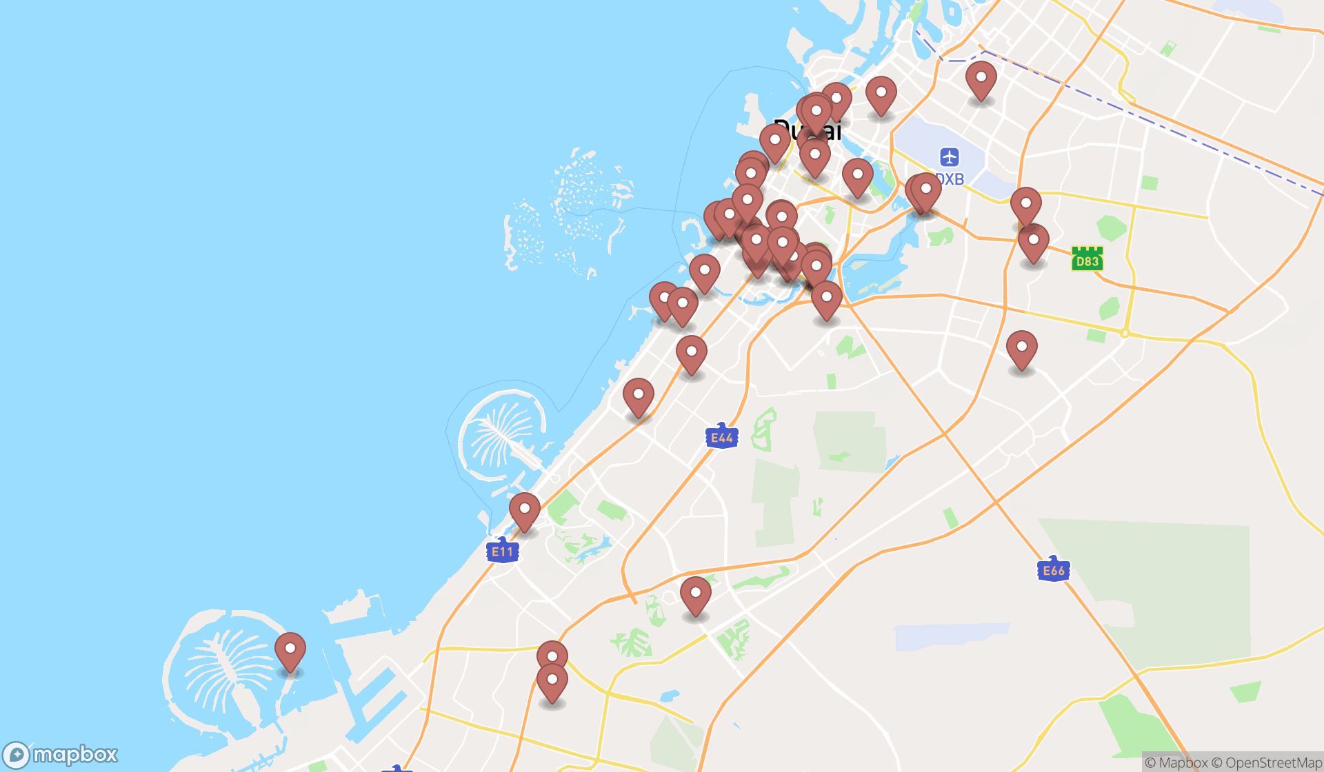 Map showing the search results in Dubai