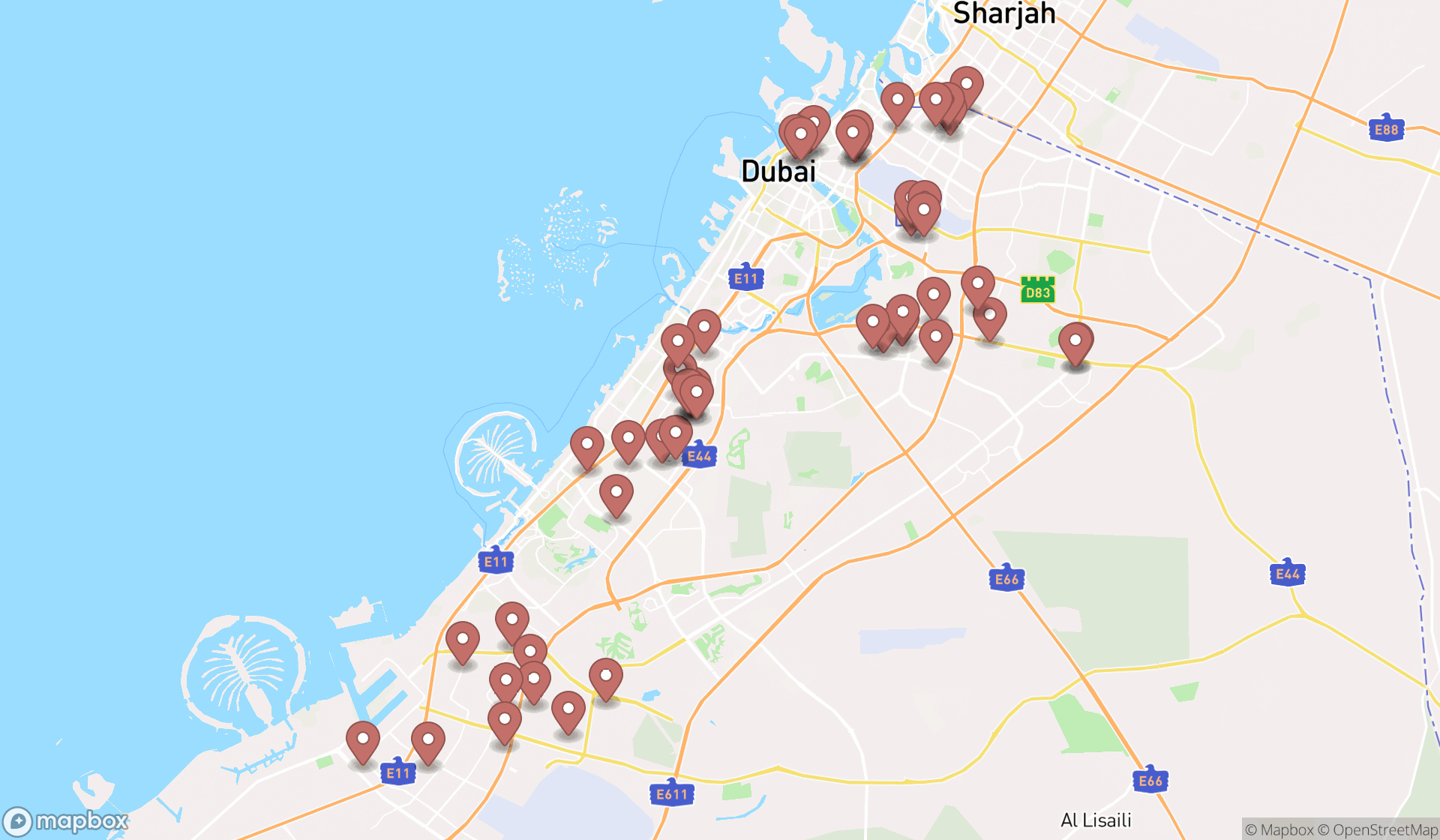 Map showing the search results in Dubai