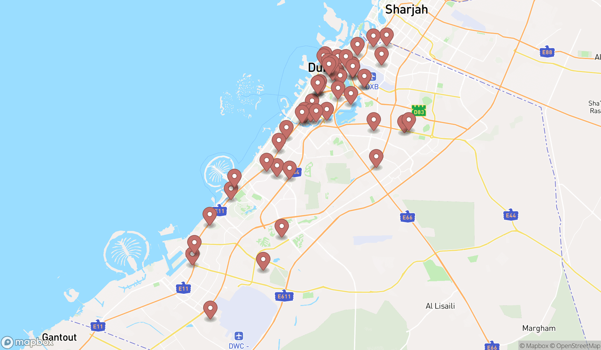 Map showing the search results in Dubai