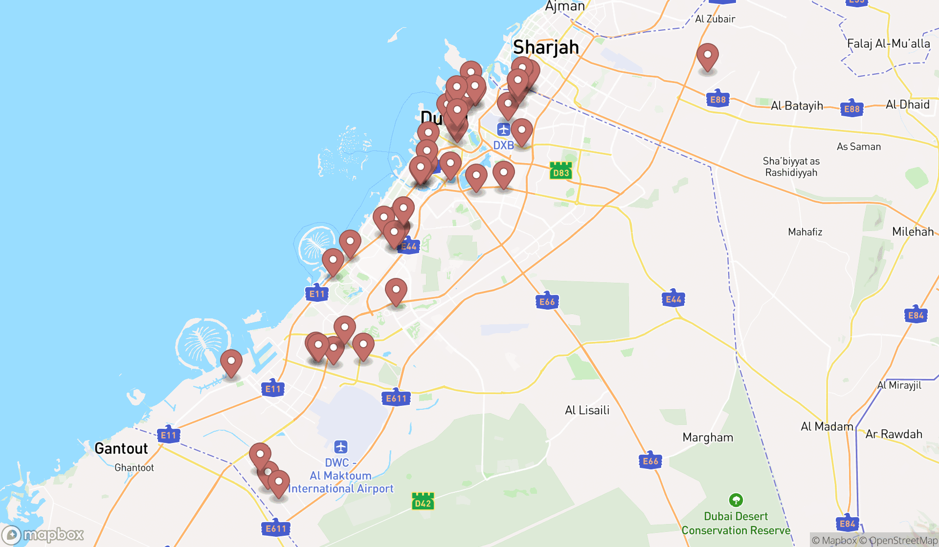 Map showing the search results in Dubai