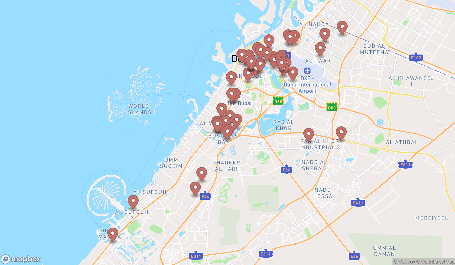 Map showing the search results in Dubai