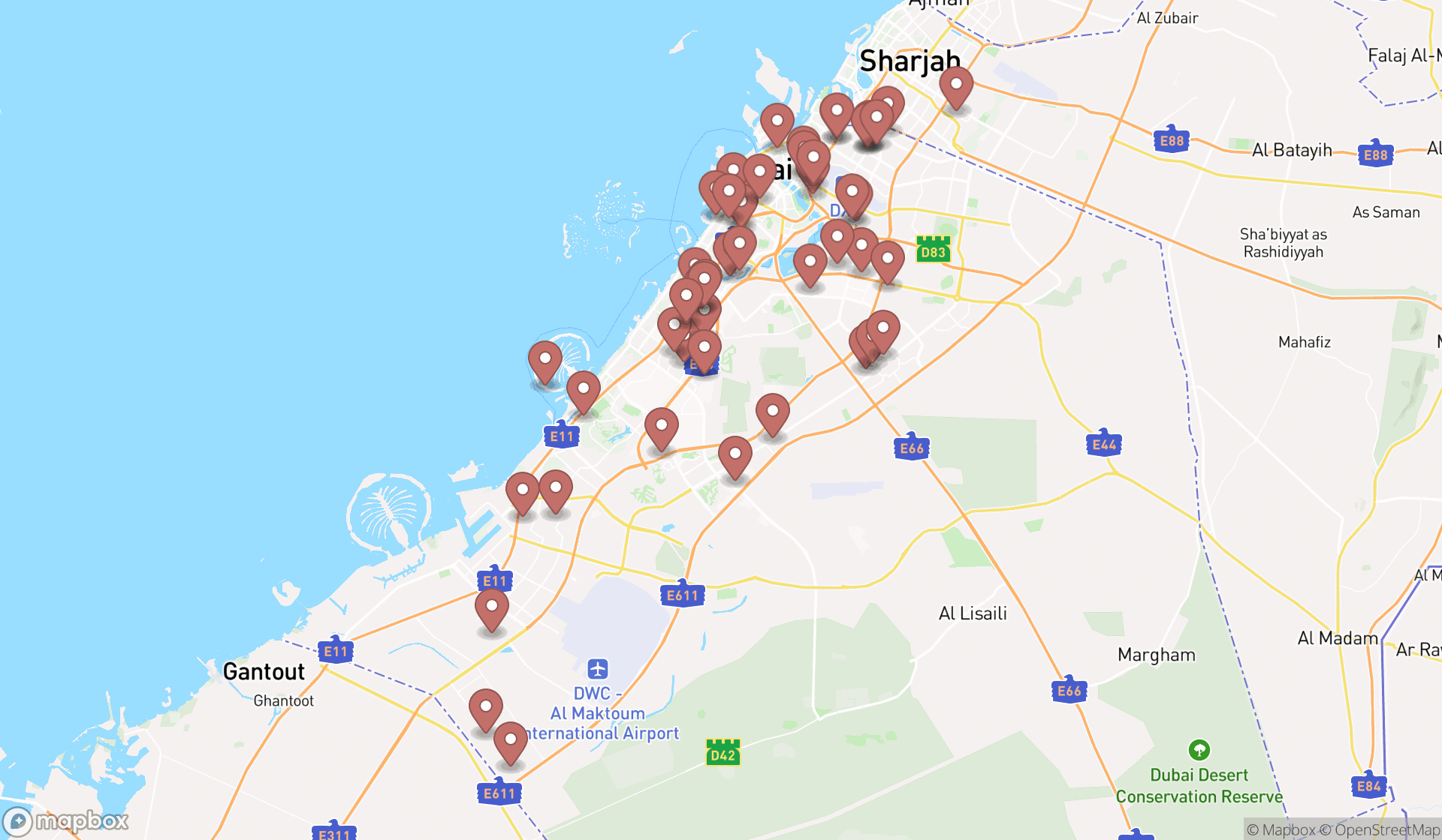 Map showing the search results in Dubai