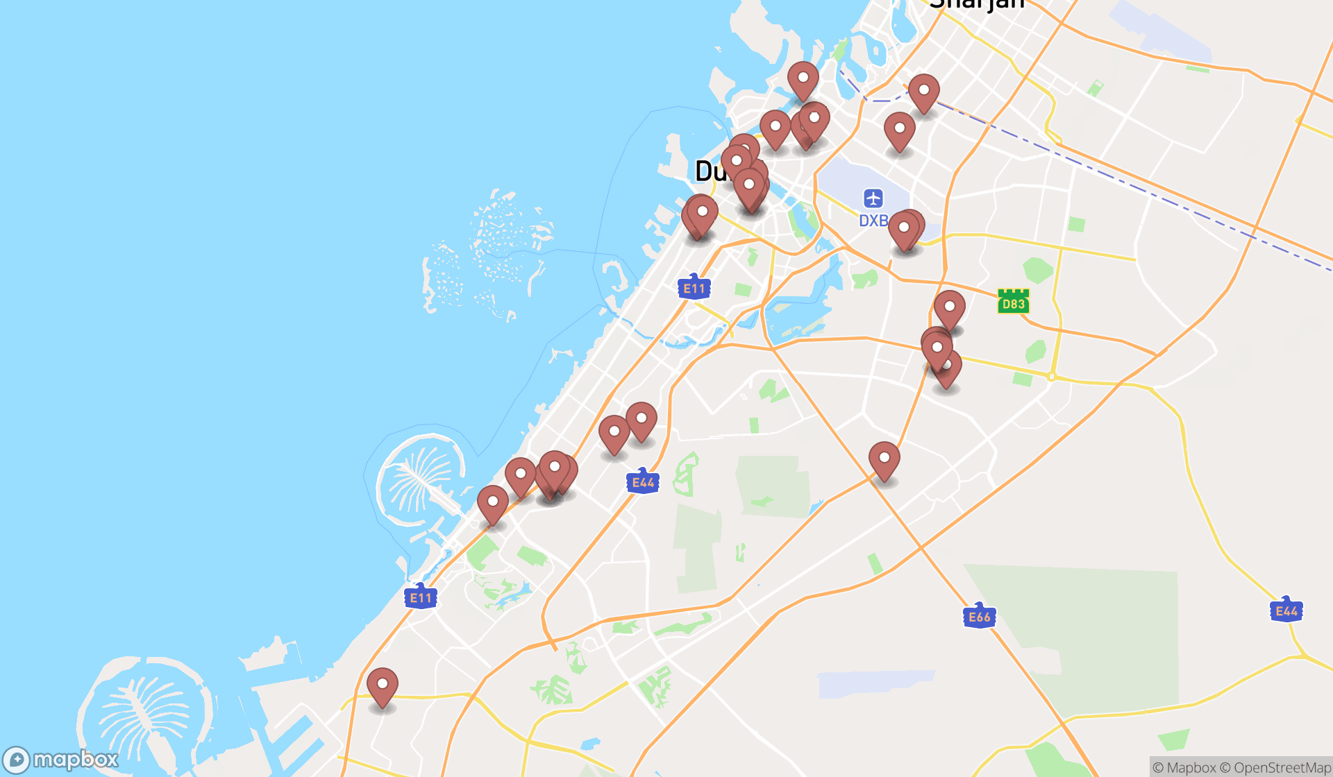 Map showing the search results in Dubai