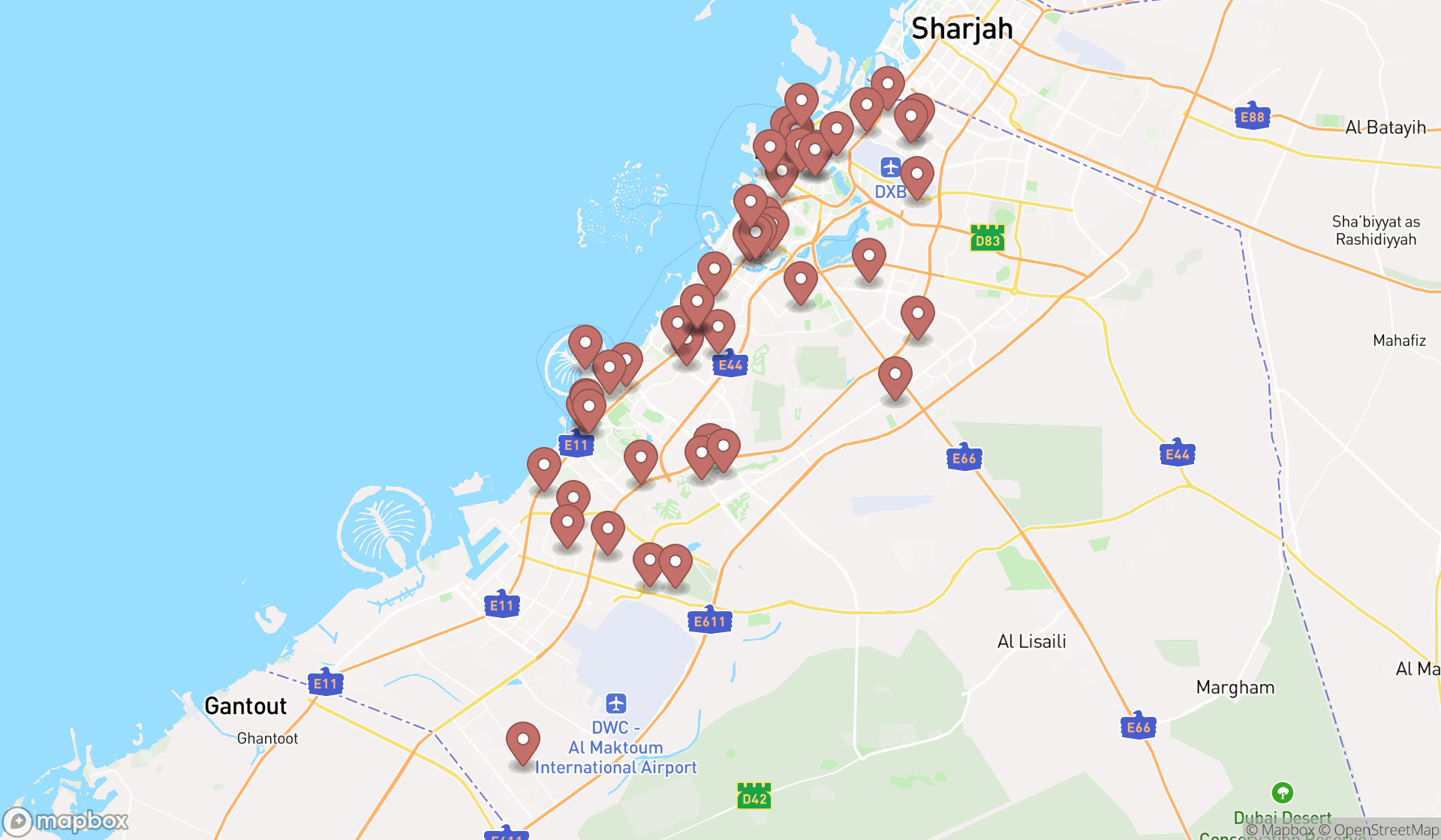 Map showing the search results in Dubai