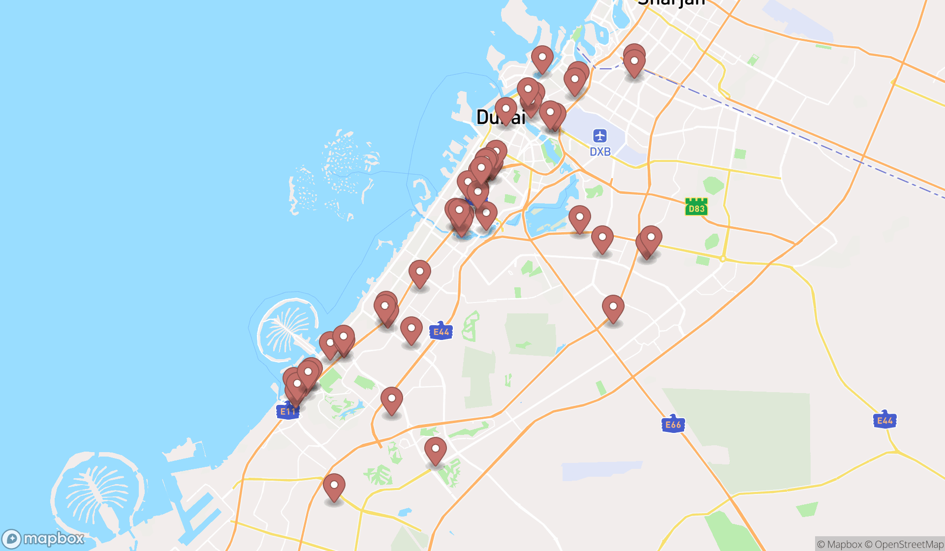 Map showing the search results in Dubai