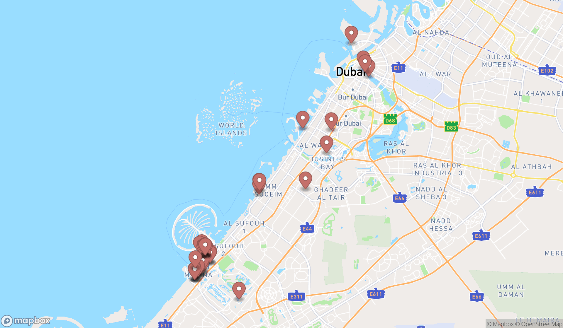 Map showing the search results in Dubai