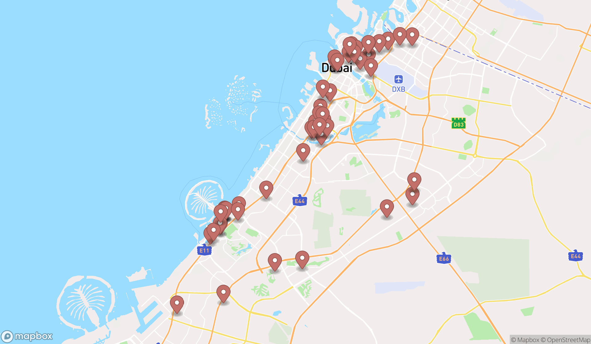 Map showing the search results in Dubai