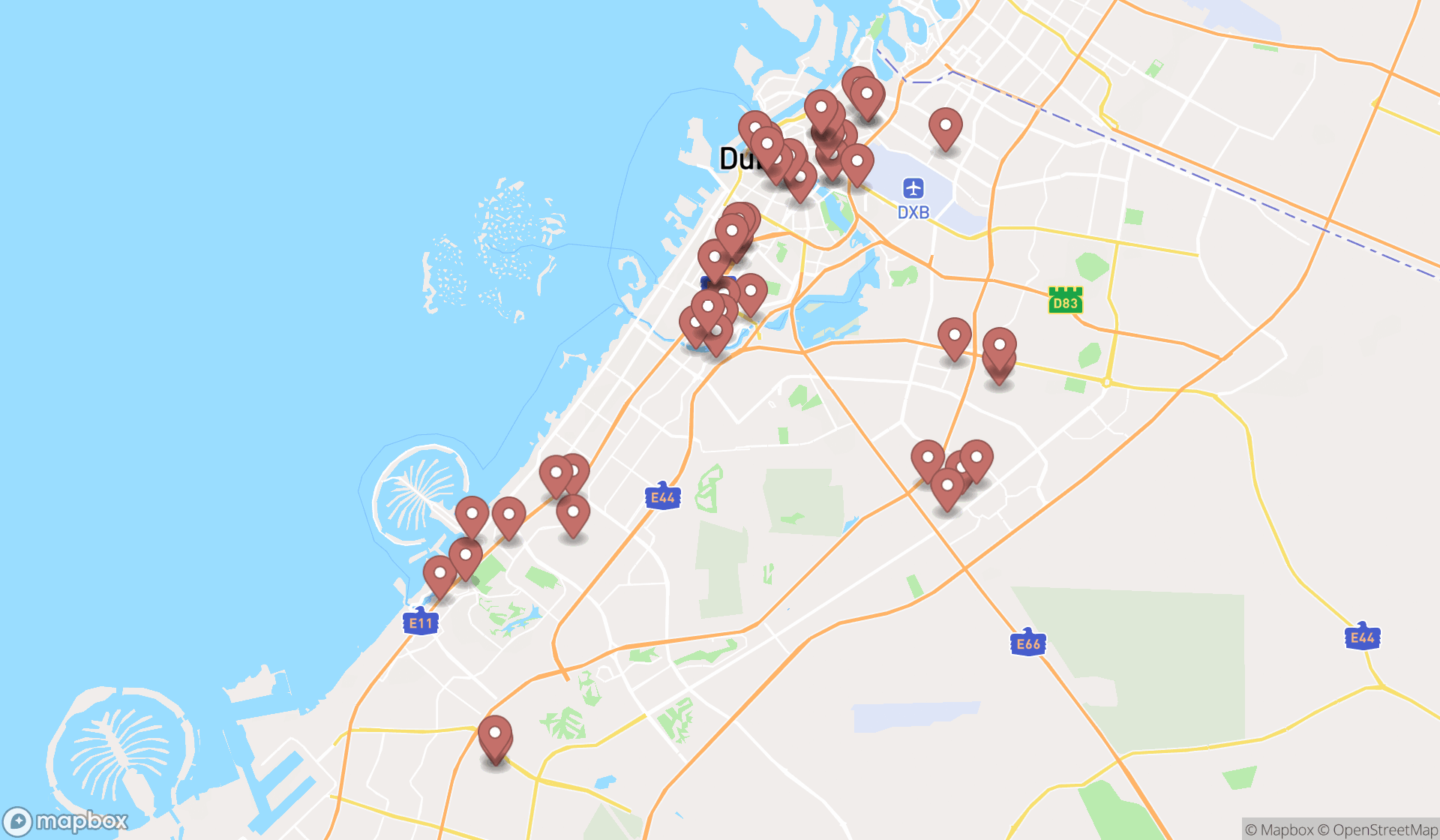 Map showing the search results in Dubai
