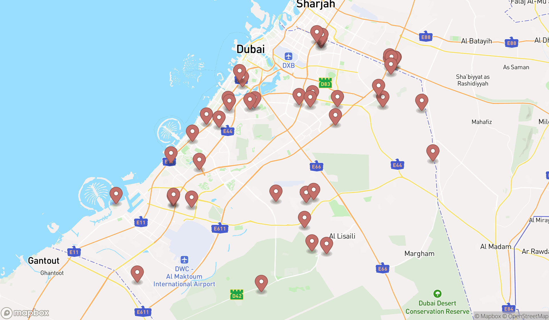 Map showing the search results in Dubai