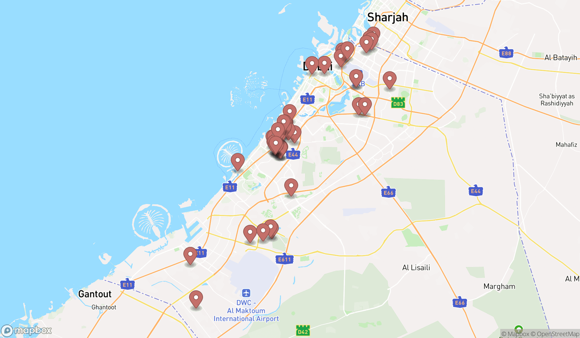 Map showing the search results in Dubai