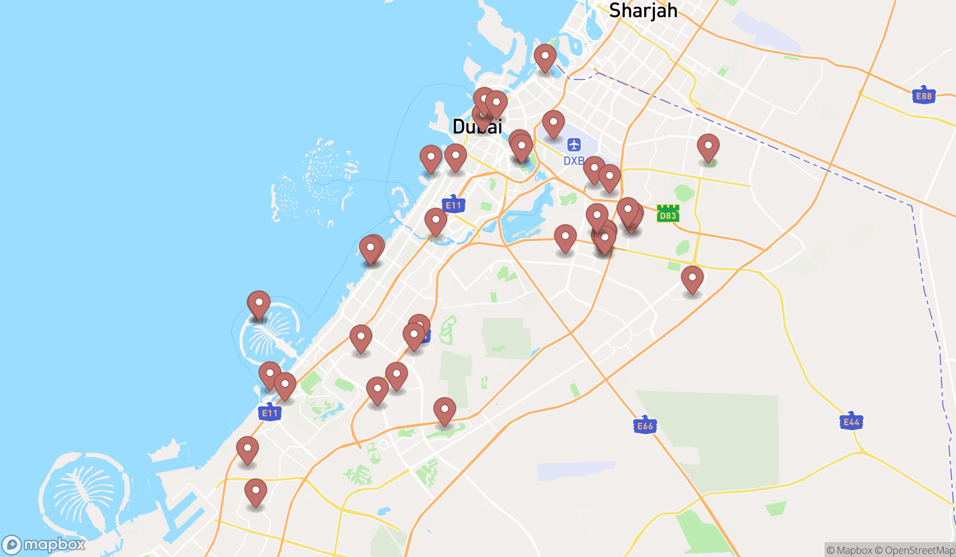 Map showing the search results in Dubai