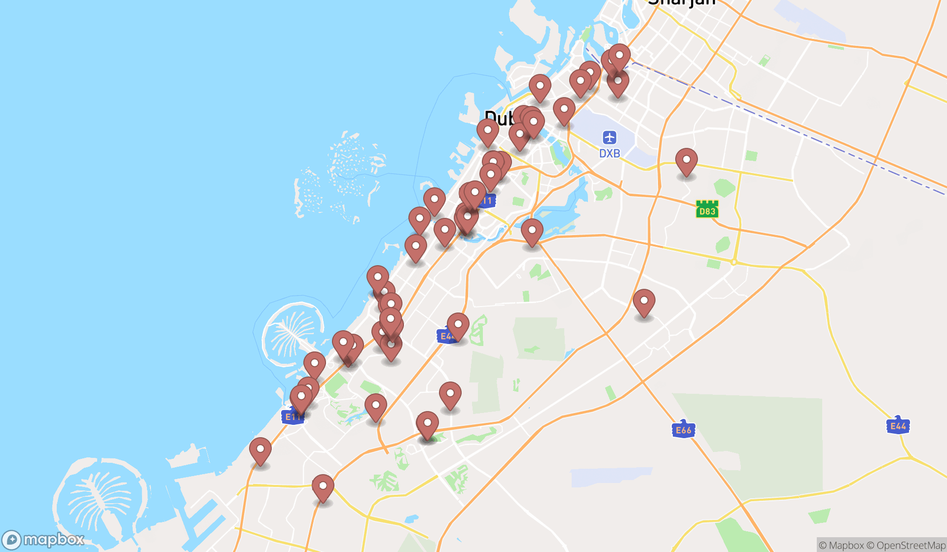 Map showing the search results in Dubai