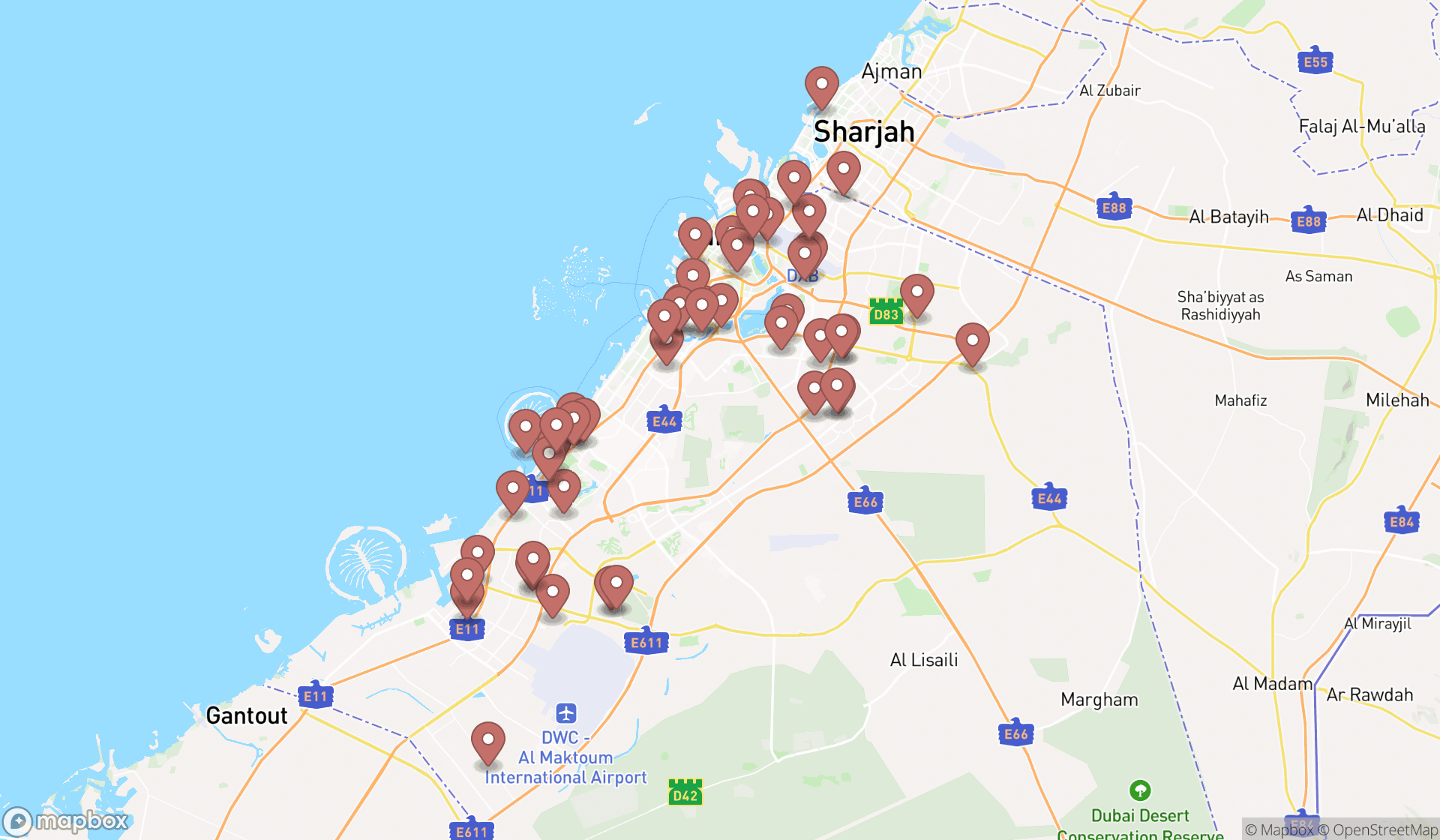 Map showing the search results in Dubai