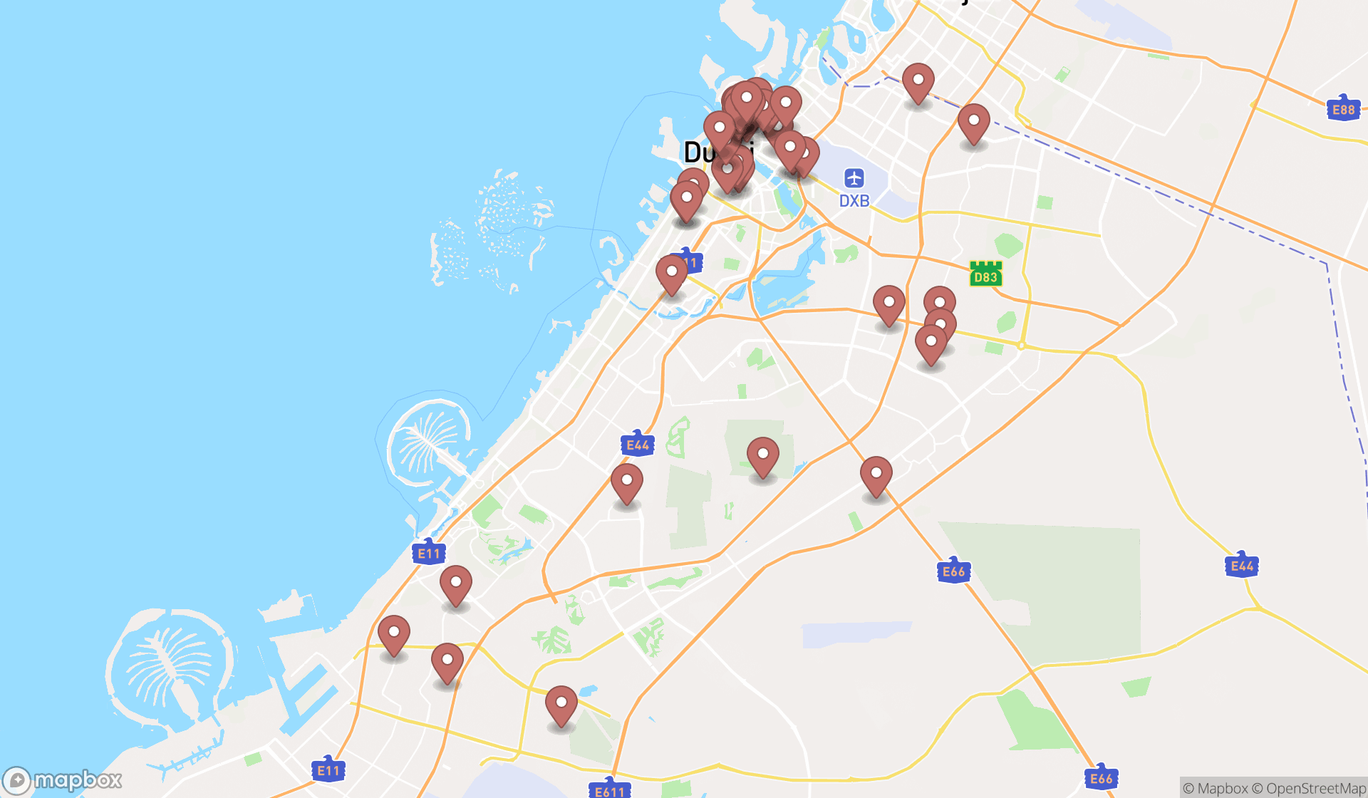 Map showing the search results in Dubai