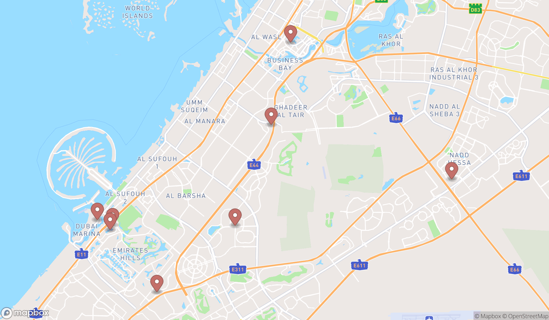 Map showing the search results in Dubai